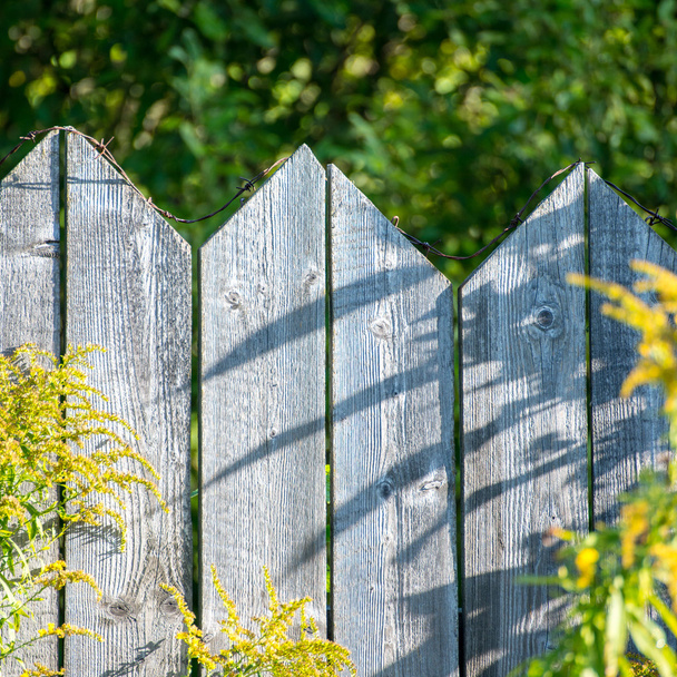 oude houten hek met prikkeldraad bovenop - Foto, afbeelding