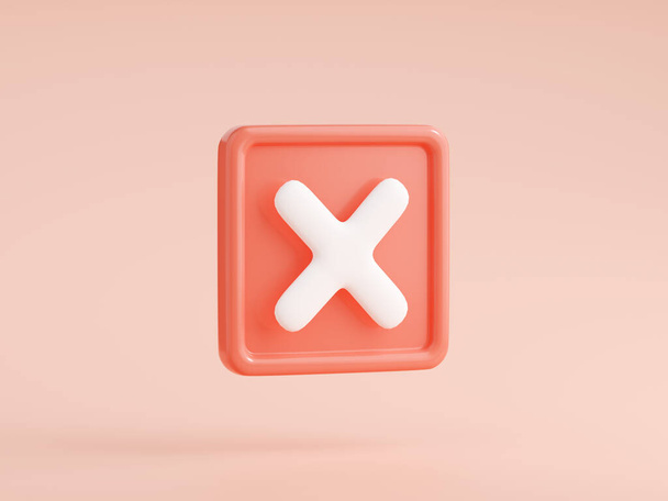 3d render cross mark isolated icon. X symbol, cancel, error, delete button, forbidden sign in red square. Forbidden, close page element on pink background, Cartoon illustration in plastic style - Foto, Imagem