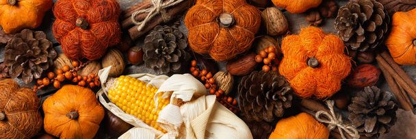 Autumn fall thanksgiving day composition with decorative pumpkins. Flat lay, view from above, still life seasonal background for greeting card, banner - 写真・画像