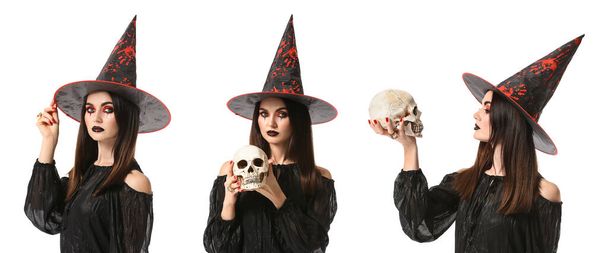 Set of young witch with skull on white background - Photo, Image