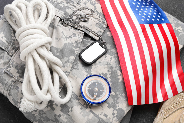 Military set, uniform and national flag of USA, closeup - Photo, Image