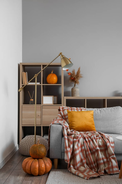 Interior of cozy living room with pumpkins, sofa and chest of drawers - Photo, Image