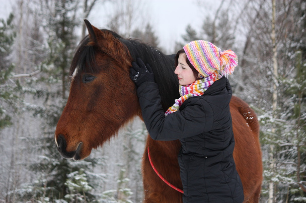 Barna ló átölelve télen gyönyörű tizenéves lány - Fotó, kép