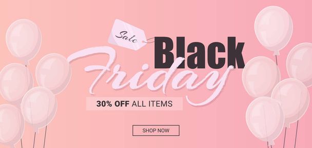 black friday sale 30 off all items on a soft pink background with a price tag and balloons. Vector illustration - Вектор,изображение