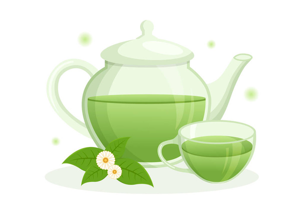 Травяной чай с ромашкой листья здоровья пить зеленый, чтобы увеличить выносливость в шаблоне руки нарисованы мультфильм плоский фон иллюстрация - Вектор,изображение