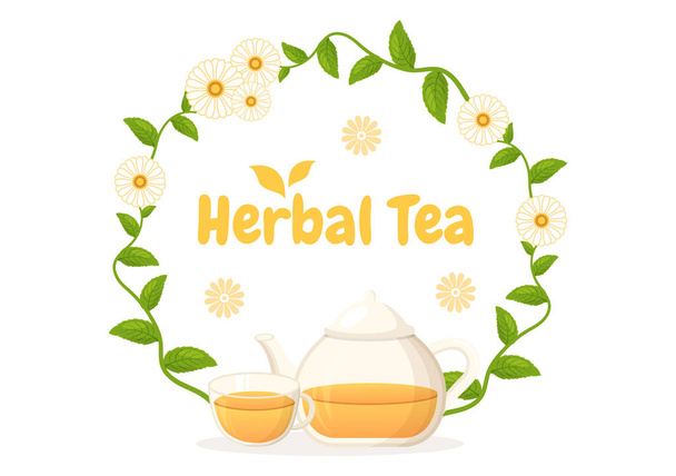 Φυτικό Τσάι με Χαμομήλι Φύλλα του Ποτού Υγείας Πράσινο για να αυξήσει την αντοχή στο πρότυπο Χέρι Σχεδιασμένο Cartoon Flat Background Εικονογράφηση - Διάνυσμα, εικόνα