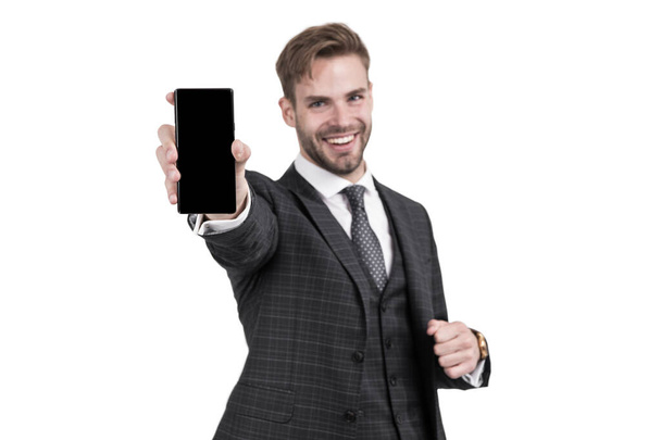 Happy lawyer in formal style hold modern phone mobile device isolated on white, smartphone. - Fotografie, Obrázek