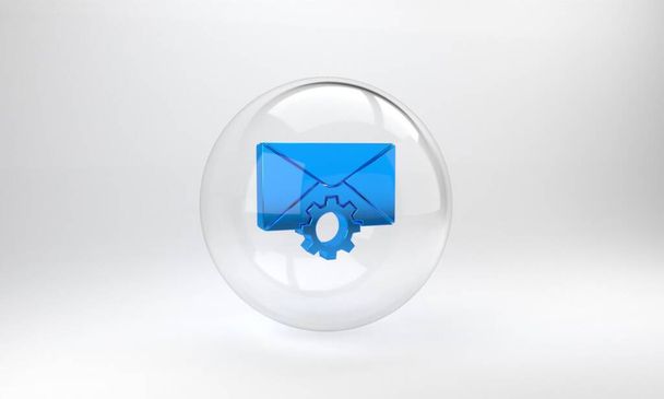 Niebieska Koperta ustawiająca ikonę na szarym tle. Szklany przycisk. Ilustracja 3D renderowania. - Zdjęcie, obraz