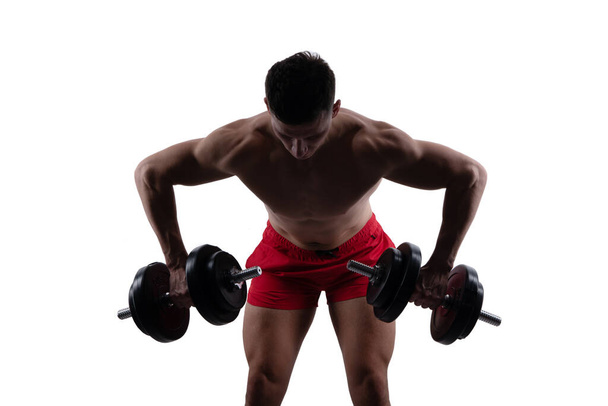 muscular man with gym dumbbell do weightlifting sport for biceps and triceps. weightlifting sport in gym. man do weightlifting in sport gym isolated on white. gym training of weightlifting sport. - Photo, Image