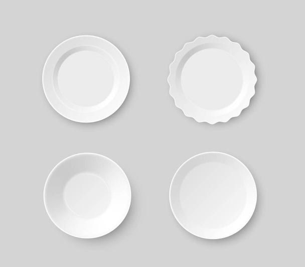 Bílá deska izolovaná na průhledném pozadí. Kuchyňská jídla na jídlo, talíř na nádobí, porcelánové nádobí. Realistické stolní a kuchyňské nádobí pro servírování. Vektorová ilustrace - Vektor, obrázek