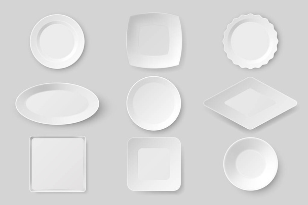Platos de comida realistas en diferentes formas, platos y cuencos establecidos. Placa de porcelana blanca para restaurante, cafetería o servicio de mesa. utensilios de cocina 3d. Ilustración vectorial - Vector, imagen