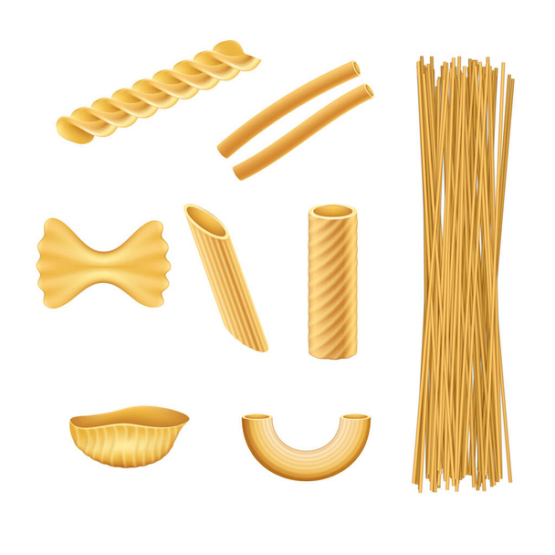 Pasta-Set vorhanden. Italienische Lebensmittel farfalle fusilli macaroni kochen Zutaten der traditionellen Küche. Italienische Küche, Makkaroni, Fusilli und Penne. 3D-Vektor-Illustration - Vektor, Bild
