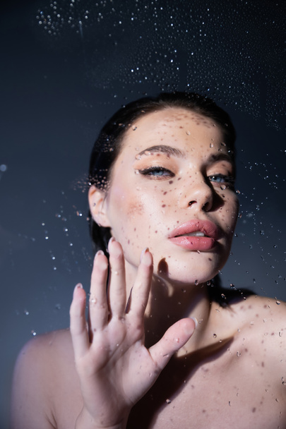 Sexy model with naked shoulders touching wet glass on grey background  - Valokuva, kuva