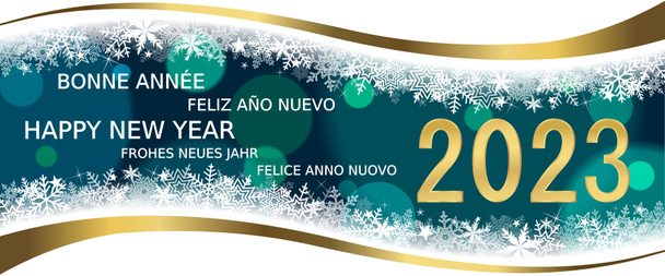Biglietto di auguri con testo Felice Anno Nuovo 2023 in diverse lingue - Foto, immagini