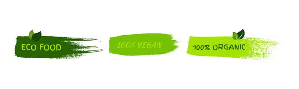 Green natural bio labels. Set of three green organic, bio, eco, vegan labels on hand drawn stains. Vector illustration - ベクター画像
