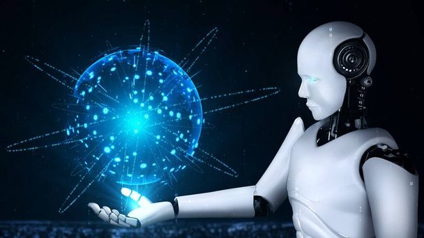 AI hominoid robot holding hologram screen shows concept of global communication network using artificial intelligence thinking by machine learning process. 3D rendering computer graphic. - Фото, изображение