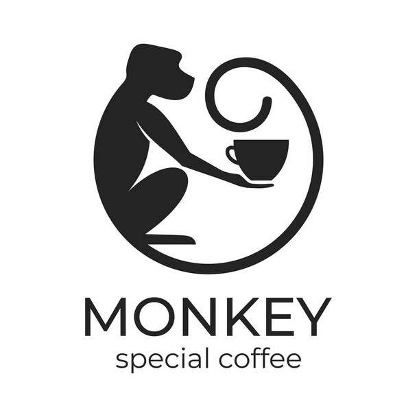 Macaco com uma chávena de café ou chá. Logotipo ou crachá para cafés e cafés. Ilustração vetorial. Logótipo especial. - Vetor, Imagem