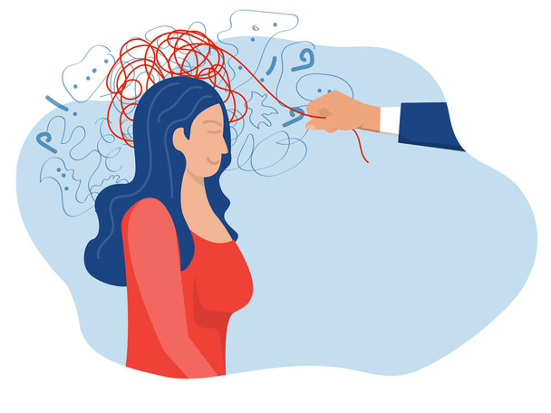 The depression ,  Psychotherapy and psychology help relieve depression disorders ,Therapist untangles ball of thread in head concept illustrator. - Vector, Image