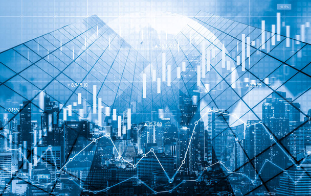 Financial graphs and digital indicators overlap with modernistic urban area, skyscrabber for stock market business concept. Double exposure. - Fotó, kép