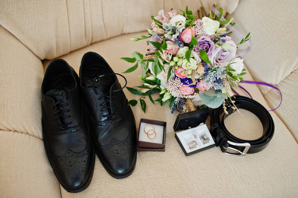 Close up of groom accessories. Wedding details. Man's style.  - Фото, изображение