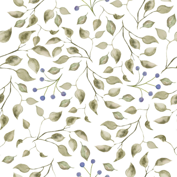 Akvarel hladký vzor s abstraktními větvemi, listy a modrými bobulemi. Ručně kreslené květinové ilustrace izolované na bílém pozadí. Pro obaly, tapety, obaly nebo potisk - Fotografie, Obrázek