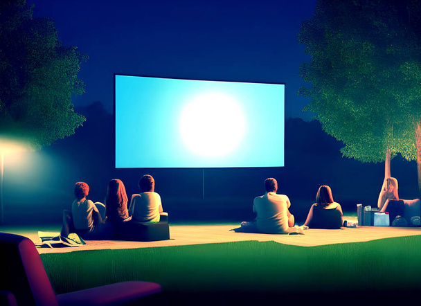Ilustração de um cinema ao ar livre ou dirigir cinema à noite  - Foto, Imagem