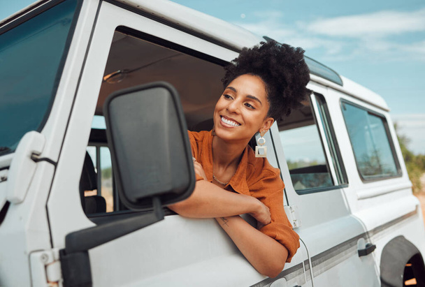 Road trip travel, black woman and window freedom to relax in camping car, summer countryside and vacation adventure in Africa. Happy young female stop on van driving journey in nature for inspiration. - Fotografie, Obrázek