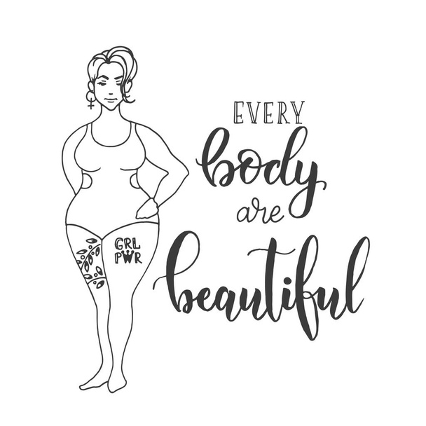 Every body are beautiful-handwritten lettering. Body positive motivation quote. woman silhouette symbol vector. - Vector, Image