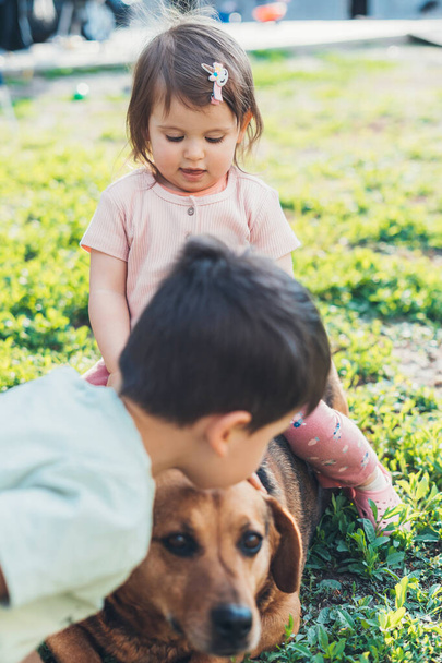 Nette Kinder streicheln ihren Hund, während sie sich im Sommer auf dem Boden im Garten ausruhen. Schöne junge Mädchen. Lächelndes glückliches Kind. Lebensstil im Freien. Schönheitsporträt. - Foto, Bild