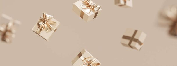 3D-Geschenkbox, goldene Schleife, die auf beigem Pastell-Hintergrund schwebt. Fliegendes Geschenk für die Frau. Kreative realistische Minimalgeschenke. Leerzeichen für Text kopieren. Geburtstag oder Weihnachten - Foto, Bild