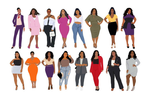 現代の黒人女性が登場。アフリカ系アメリカ人の女の子のファッションカジュアルやオフィスの衣装に立っている。流行の服のスタイリッシュな幸せな若い文字の肖像画。フラットベクトル現実的なイラスト. - ベクター画像