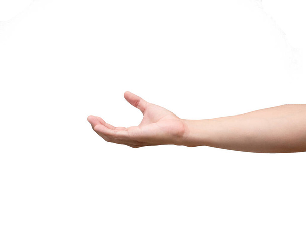 Geïsoleerde man hand gebaar met iets geïsoleerd - Foto, afbeelding