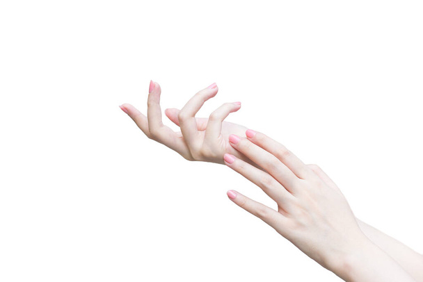 Beautiful woman hand, female hand applying lotion or hand cream to hand care in spa and manicure concept. - 写真・画像