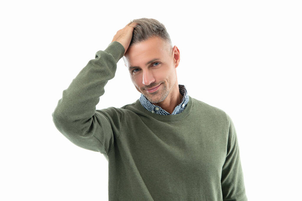 cheerful mature grizzled man portrait with stubble isolated on white background. face of grizzled man in sweater. portrait of grizzled man has stubble. studio shot face of grizzled man. - Foto, Imagem