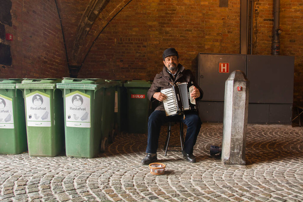 Brugge, België. Mister Musicus speelt accordeon in de kleine tunnel onder de Belfort van Brugge bij de Grote Markt. 17 oktober 2015.  - Foto, afbeelding
