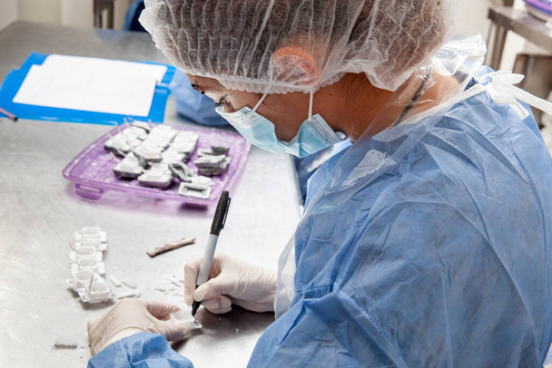 Scientist preparing paraffin blocks containing biopsy tissue for sectioning. Pathology laboratory. Cancer diagnosis. - Photo, Image