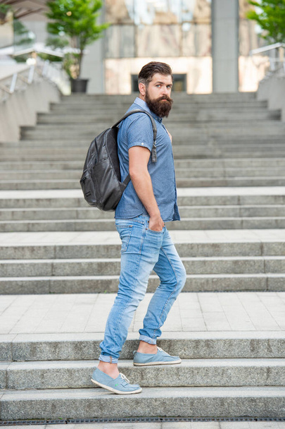 bearded man tourist with backpack. tourist with beard. brutal tourist outdoor. - Zdjęcie, obraz