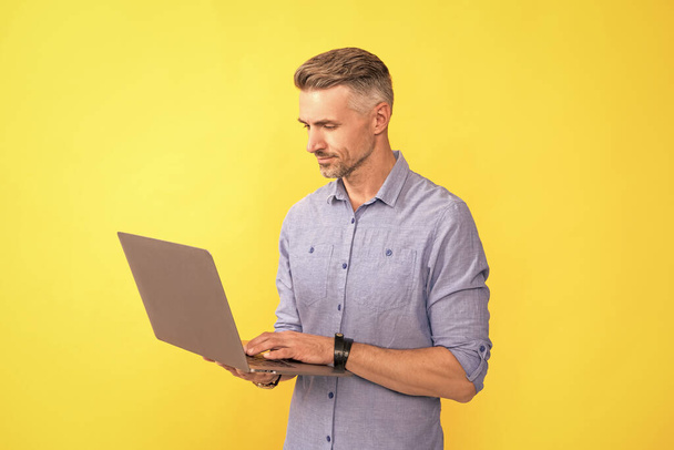ώριμος άντρας που εργάζεται online σε φορητό υπολογιστή σε κίτρινο φόντο, επιχείρηση. - Φωτογραφία, εικόνα