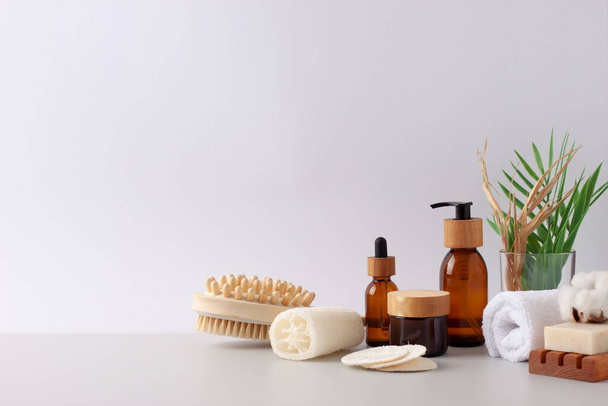 Zero waste, sustainable and eco-friendly lifestyle. Set of eco friendly natural cleaning products on white background. Close up, copy space - 写真・画像