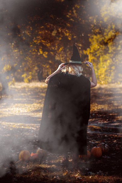Halloween, Hexendame im mystischen Wald, Oktoberstimmung, Hexerei-Konzept, Ideen für geheimnisvolle Party  - Foto, Bild