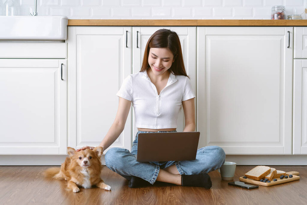 Boldog gyönyörű ázsiai nő szabadúszó segítségével laptop számítógép ül a padlón modern konyha az ő szép chihuahua kutya ülni mellett otthon. Munka otthonról, Új normális és barátságos kutya koncepció - Fotó, kép
