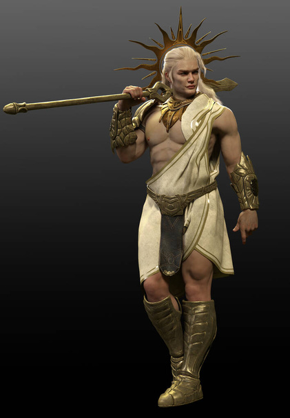 Греческий бог или воин в белой тоге или туник с золотым солнечным гало - Фото, изображение