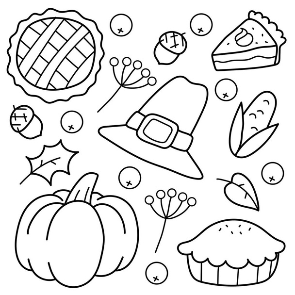 Набор для Дня Благодарения. Пироги, тыква, кукуруза, шляпа, желуди. Раскраска для детей. Черно-белая векторная иллюстрация. - Вектор,изображение