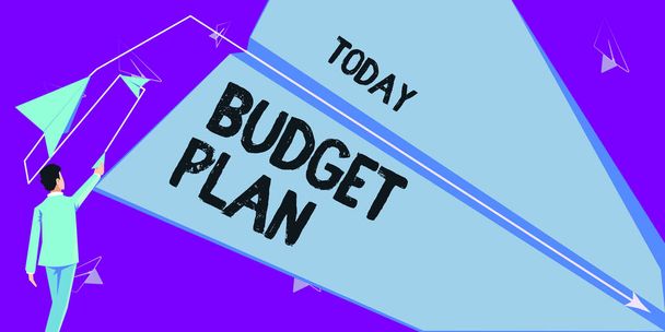 Ręczne pisanie znaku Plan budżetu, Słowo na harmonogram finansowy przez określony okres czasu zwykle roku - Zdjęcie, obraz