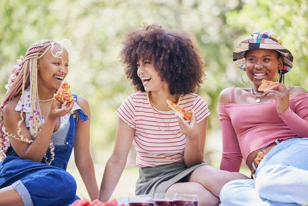 公園で友人ピクニック、人々はニューヨークの夏の休暇に満足し、ピザを屋外で食べる。若いアフリカの女性は、一緒に幸せな生活の中で自然を楽しむサポート、ファーストフードの食事や女の子と笑顔. - 写真・画像