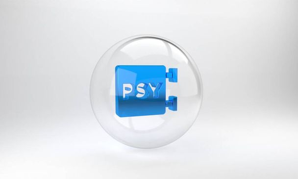 Kék Pszichológia ikon elszigetelt szürke háttér. Pszi szimbólum. Mentális egészség koncepció, pszichoanalízis és pszichoterápia. Üvegkör gomb. 3D renderelés illusztráció. - Fotó, kép