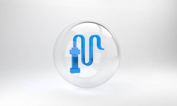 グレーの背景にブルー編組レザーホイップアイコン。ガラス丸ボタン。3Dレンダリング図. - 写真・画像