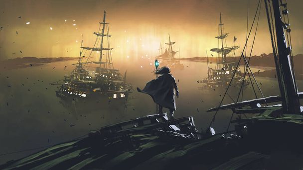 Czarodziej z magiczną różdżką stojący na statku na tle zachodu słońca, cyfrowy styl sztuki, obraz ilustracji - Zdjęcie, obraz