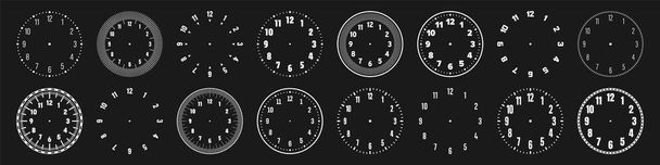 Mechanical clock faces with arabic numerals, bezel. White watch dial with minute, hour marks and numbers. Timer or stopwatch element. Blank measuring circle scale with divisions. Vector illustration. - Vector, Image