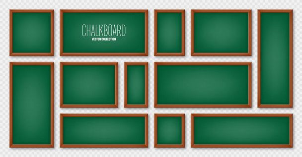 木製のフレーム内の現実的な様々な黒板。緑のレストランメニューボード。学校の黒板、テキストや図面の表面を書く。空白の広告やプレゼンテーションボード。ベクターイラスト. - ベクター画像